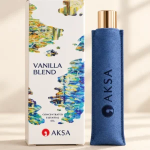 Aksa Vanilla Blend Roll-on Esans 9 ml kutusu ve mavi kılıflı şişesi
