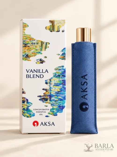 Aksa Vanilla Blend Roll-on Esans 9 ml kutusu ve mavi kılıflı şişesi