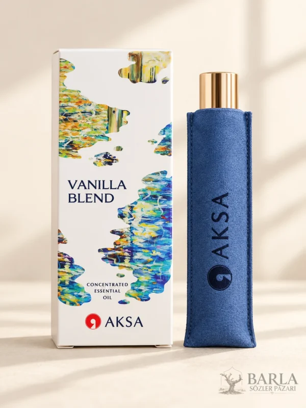 Aksa Vanilla Blend Roll-on Esans 9 ml kutusu ve mavi kılıflı şişesi