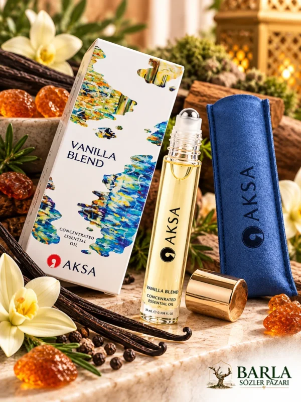 Aksa Vanilla Blend Roll-on Esans şişesi, kutusu ve mavi kılıfı