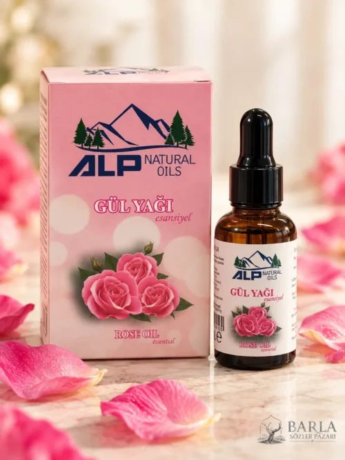 ALP Natural Oils Esansiyel Gül Yağı 30 ml pembe kutu ve damlalıklı şişe