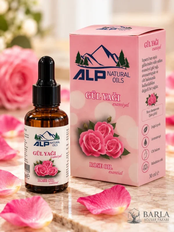 ALP Natural Oils Gül Yağı 30 ml kutu ve amber damlalıklı şişe detayları