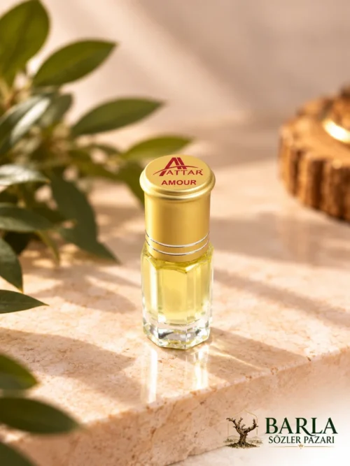 Attar Amour 3 ml alkolsüz esans altın renkli kapaklı cam şişe