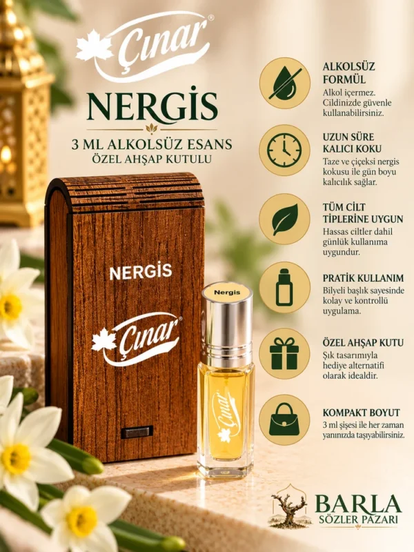 Çınar Nergis 3 ml alkolsüz esans ürün özellikleri ve ahşap kutusu
