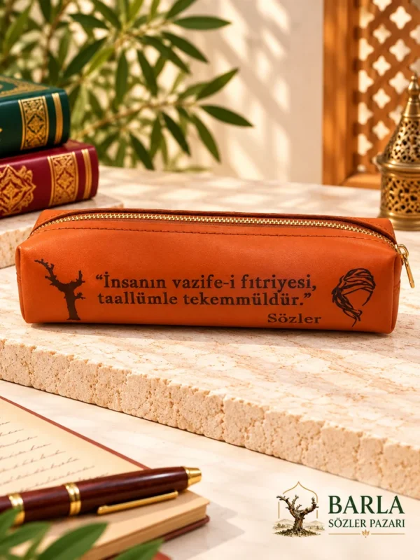 Deri Kalemlik Risale-i Nur Vecizeli Vazife, İnsanın vazife-i fıtriyesi taallümle tekemmüldür söz baskılı kahverengi kalemlik turuncu