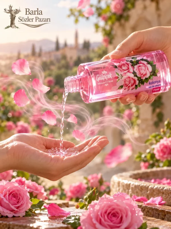 Gülçiçek Gül Kolonyası 250 ml ele dökülürken gül kokusu kullanım görseli