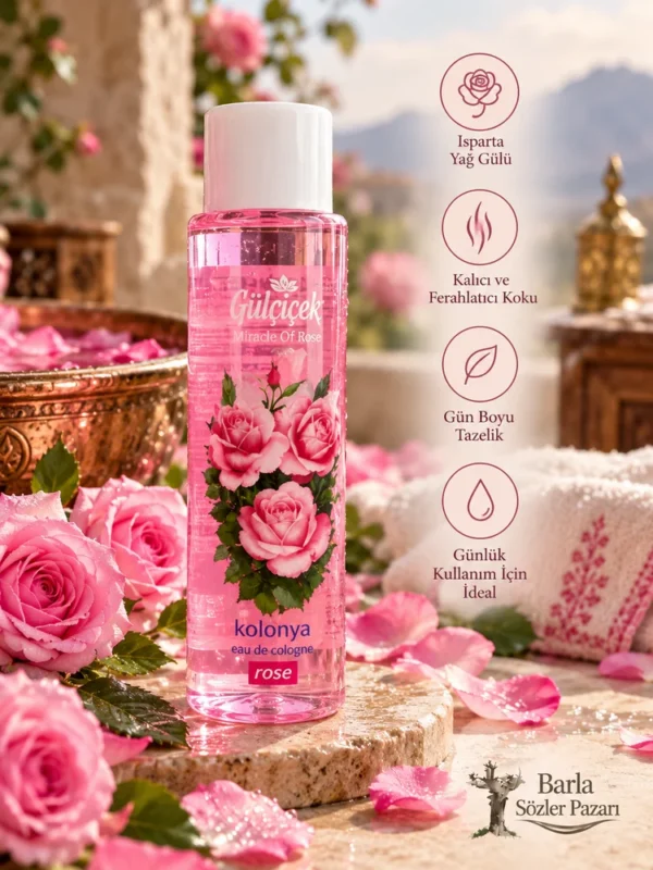 Gülçiçek Gül Kolonyası 250 ml pembe şişe ve Isparta gülü detay görseli