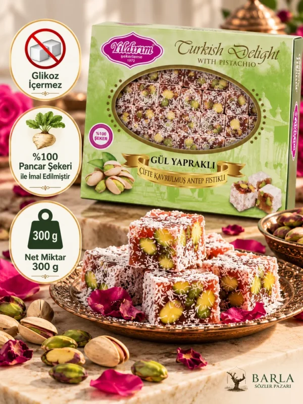Yıldırım Gül Yapraklı Antep Fıstıklı Lokum glikoz içermez yüzde 100 pancar şekeri 300 g