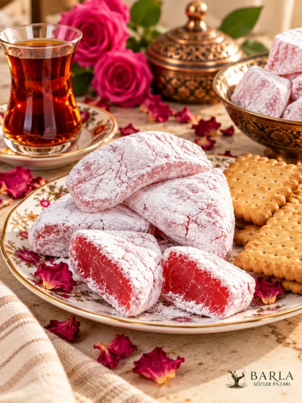 Yıldırım Güllü Muska Lokum 750 g çay ve bisküvi yanında