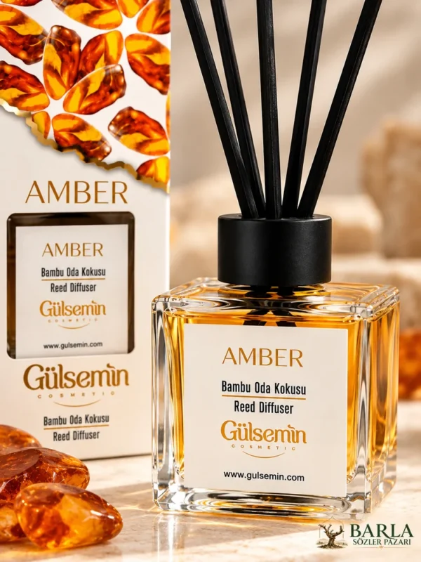 Gülsemin Amber Bambu Çubuklu Oda Kokusu şişe ve etiket yakın plan