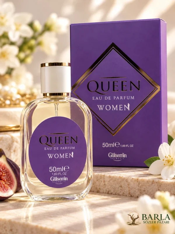 Gülsemin Queen Women 50 ml parfüm şişesi ve mor kutusu