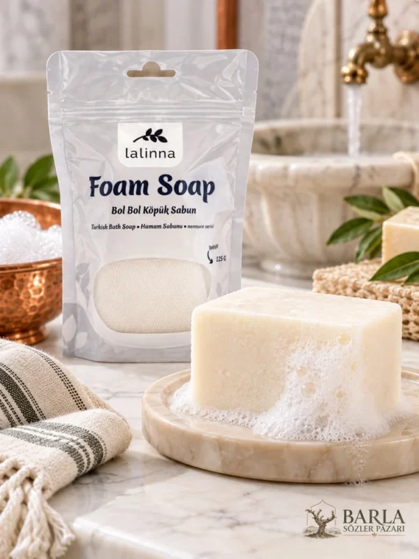 Lalinna Hamam Sabunu 125 G ve köpüklü sabun detayı