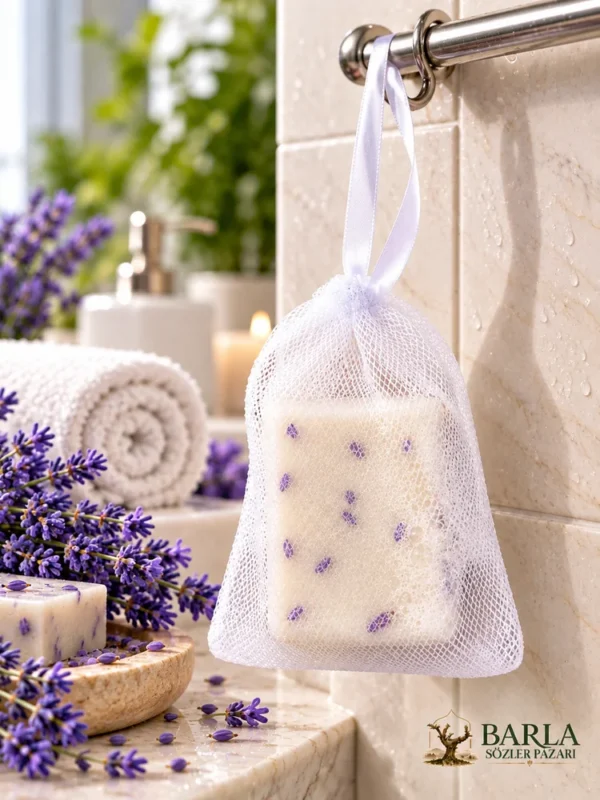 Lalinna Niacinamide Lavanta Sabunu lifli kese içinde sabun detayı