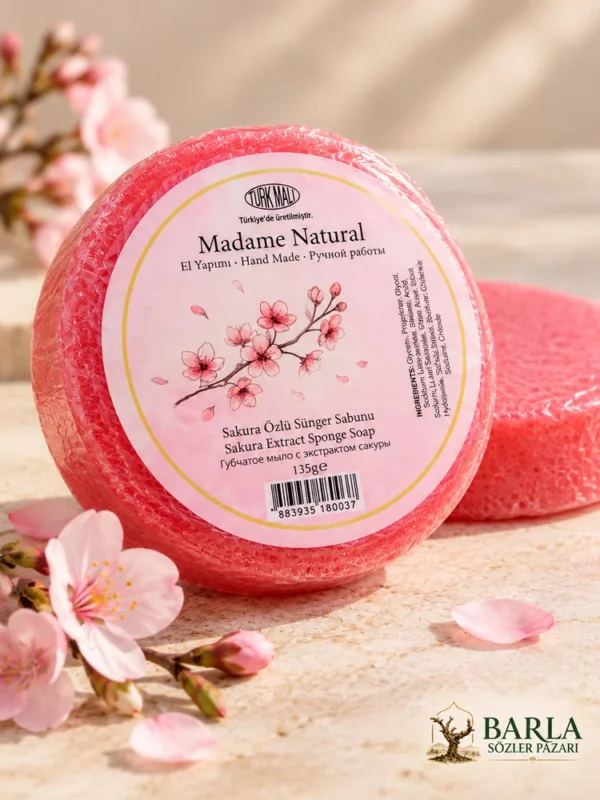 Madame Natural Sakura süngerli sabun ambalajı ve pembe ürün görünümü