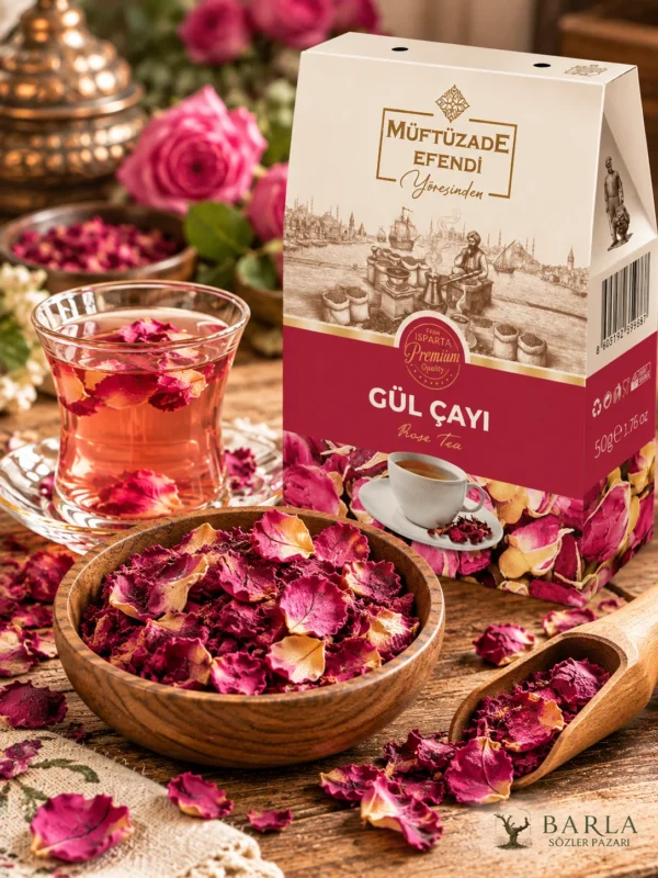 Müftüzade Efendi Gül Çayı gül yaprakları ve demlenmiş çay
