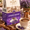 Müftüzade Efendi Lavanta Kahvesi 150 G kutu ve Türk kahvesi sunumu