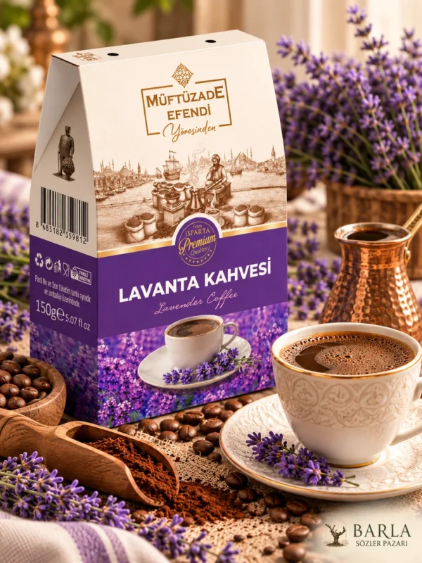 Müftüzade Efendi Lavanta Kahvesi 150 G kutu ve Türk kahvesi sunumu