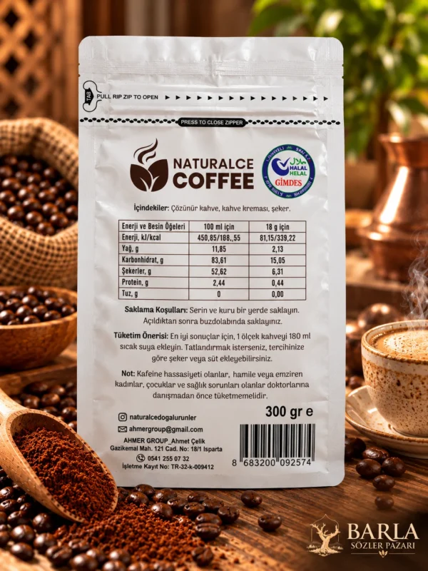 Naturalce Coffee 3’ü 1 Arada Kahve 300 gr arka ambalaj ve GİMDES Helal işareti