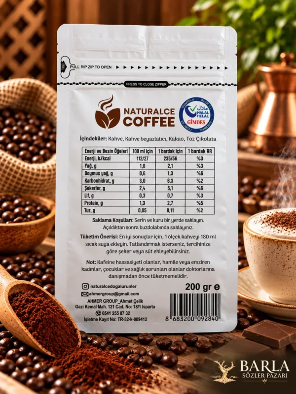 Naturalce Coffee Cappuccino 200 gr arka ambalaj ve GİMDES Helal işareti