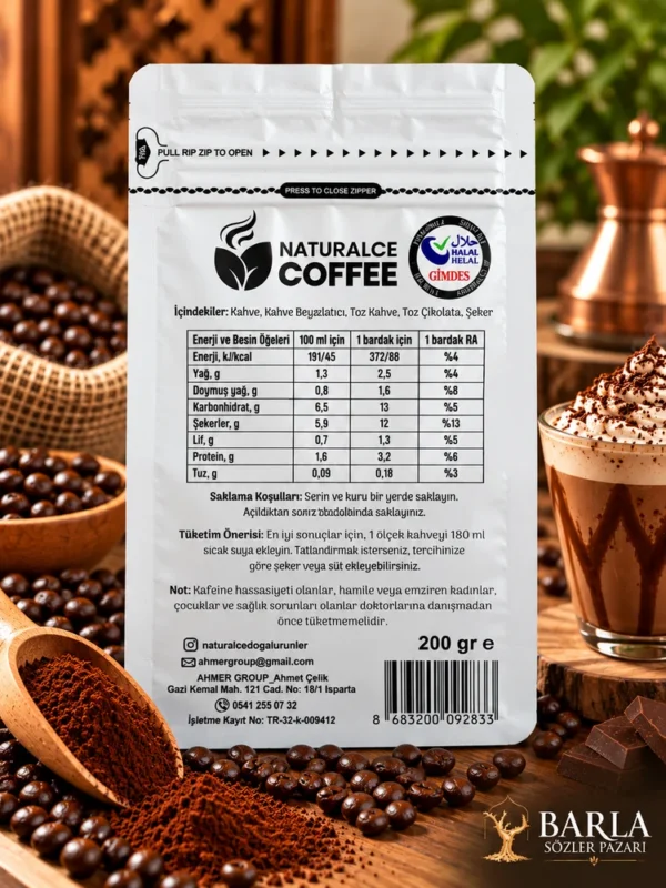 Naturalce Coffee Mocha 200 gr ürün arka yüzü ve içerik bilgileri