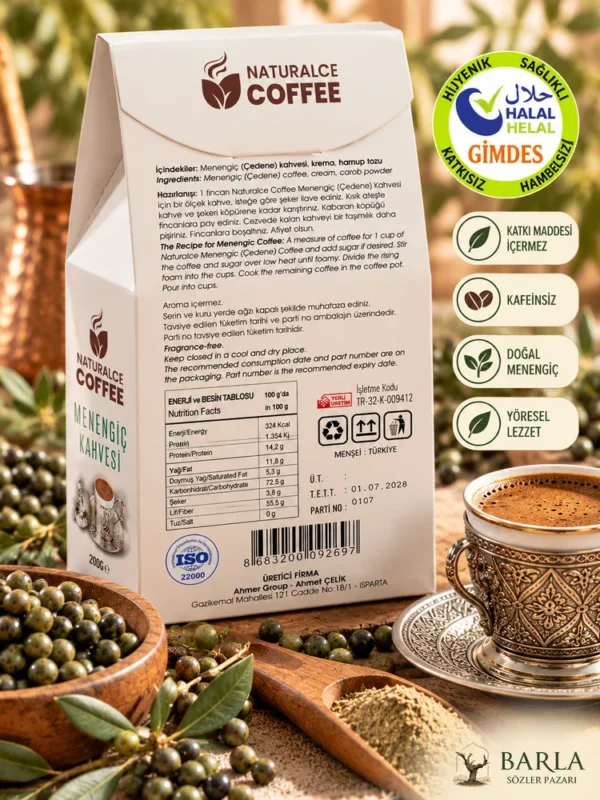 Naturalce Coffee Menengiç Kahvesi 200 g arka ambalaj ve ürün bilgileri