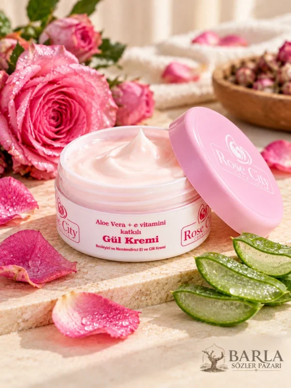 Rose City Gül Kremi 120 ml pembe kapaklı krem ambalajı ve gül detayları