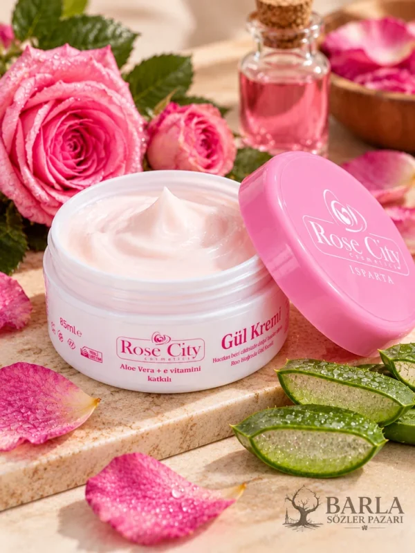 Rose City Gül Kremi 85 ml açık krem kutusu ve pembe kapak detayları