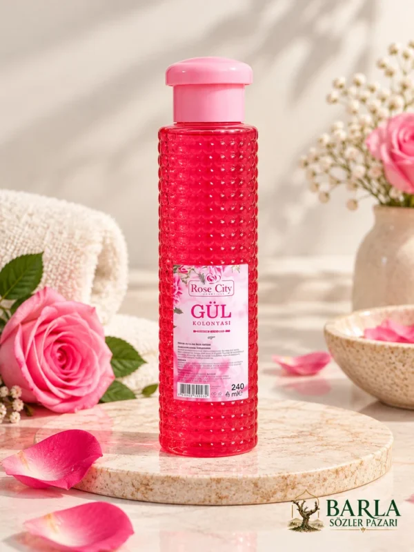Rose City Gül Kolonyası 240 ml pembe şişe ve gül detayları