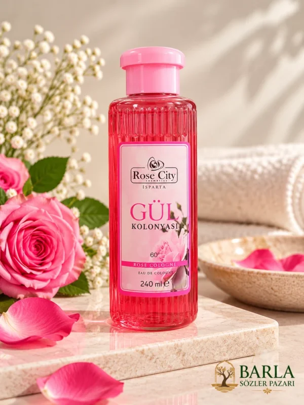 Rose City Gül Kolonyası 240 ml dikey çizgili şişe tasarımı