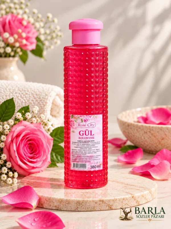 Rose City Gül Kolonyası 380 ml şişe ve gül detayları