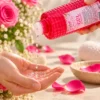 Rose City Gül Kolonyası 380 ml beyaz delikli tıpadan ele damlatılırken