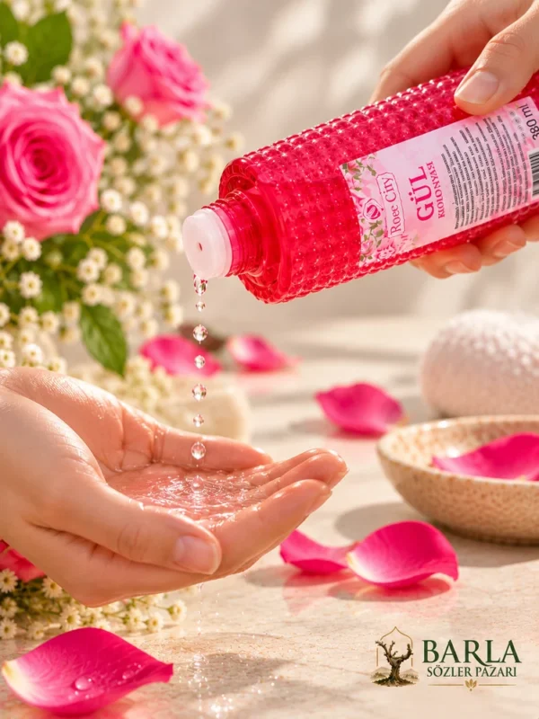 Rose City Gül Kolonyası 380 ml beyaz delikli tıpadan ele damlatılırken