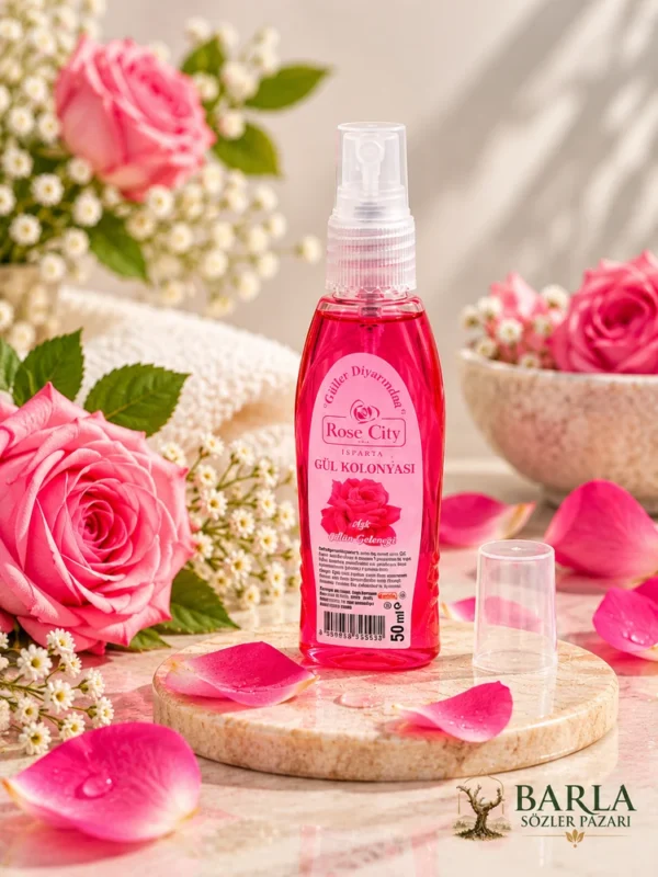 Rose City Gül Kolonyası Spreyli 50 ml şişe ve gül detayları
