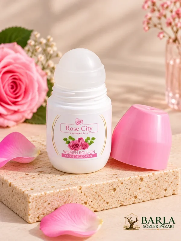 Rose City Kadın Roll-On Deodorant 50 ml açık uygulama başlığı ve pembe kapak