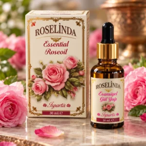 Roselinda Esansiyel Gül Yağı 30 ml kutu ve damlalıklı şişe