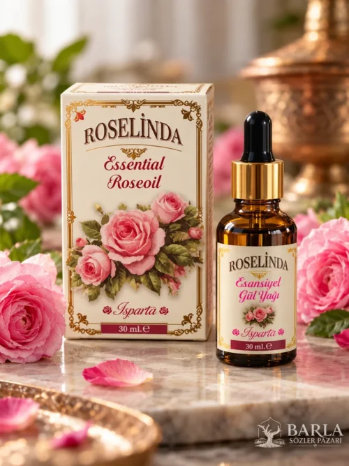 Roselinda Esansiyel Gül Yağı 30 ml kutu ve damlalıklı şişe