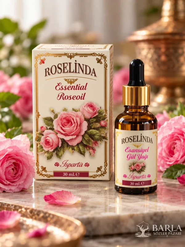 Roselinda Esansiyel Gül Yağı 30 ml kutu ve damlalıklı şişe