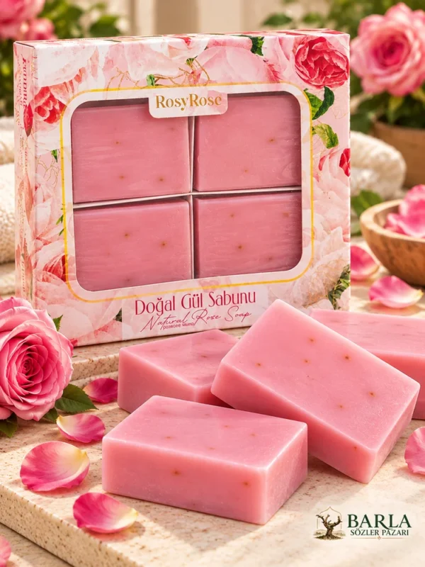 RosyRose pembe gül sabunları ve dörtlü karton ambalaj
