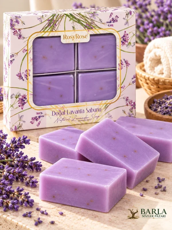 RosyRose lila renkli lavanta sabunları ve dört parçalı kutu