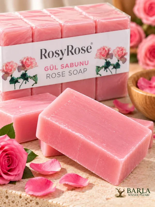 RosyRose gül sabunu pembe kalıp yakın plan görünümü
