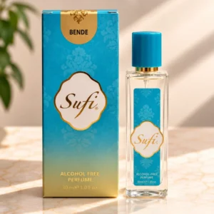 Sufi Bende 30 ml alkolsüz parfüm spreyi kutusu ve turkuaz kapaklı şişesi