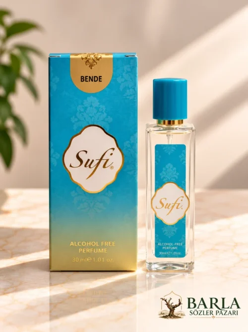 Sufi Bende 30 ml alkolsüz parfüm spreyi kutusu ve turkuaz kapaklı şişesi