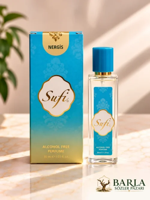 Sufi Nergis 30 ml alkolsüz parfüm spreyi kutusu ve cam şişesi