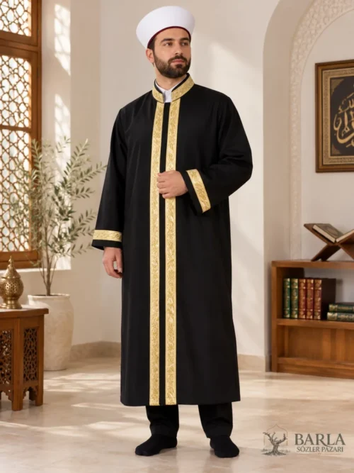 Yasir sırmalı kollu cübbe siyah imam cübbesi
